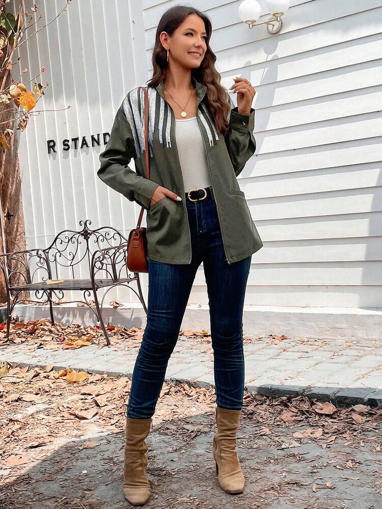 Contrast Sequin Zip Up Coat