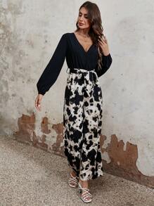SHEIN Unity Mono de pierna ancha con estampado de dibujo con cinturón - Negro - Ver 4