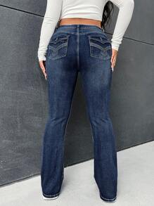 SHEIN Essnce Plus Flap Pocket Flare Leg Jeans - Dark Wash - View 2
