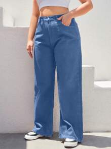 RueChic Plus High Waist Wide Leg Jeans - Blue - View 3