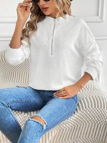SHEIN LUNE Half Zip Drop Shoulder Sweatshirt - White - View 3