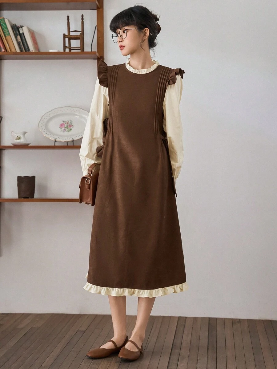 FRIFUL Viền Ruffle Nút ven Váy 2 trong 1 - Màu Khaki - Xem 1