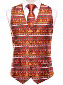 一套圣诞图案男士马甲 + 1 条领带 + 1 条手帕 + 1 副袖扣 - 橘色 - 查看 4