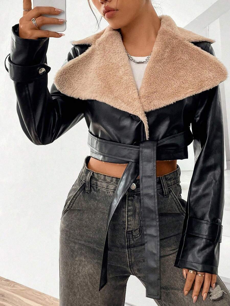 SHEIN Unity Borg Collar Teddy Lined Crop PU Leather Jacket - Black - View 1