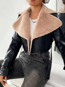 SHEIN Unity Borg Collar Teddy Lined Crop PU Leather Jacket - Black - View 5
