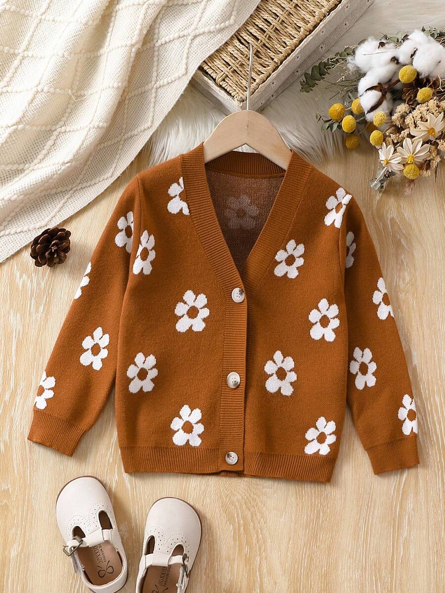 女嬰花卉圖案前紐扣開襟衫 - 棕色 - 查看 1