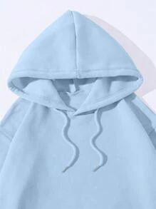SHEIN EZwear Bản in hình khẩu hiệu & con bướm Túi kangaroo Dây rút Áo hoodie ấm áp - Màu xanh lam - Xem 5