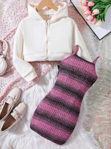 SHEIN Tween dziewczynka W paski Sukienka na ramiączkach & Z Kapturem Kurtki