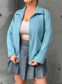 Flirla Plus Zip Up Slant Pocket Jacket - Mint Blue - View 4