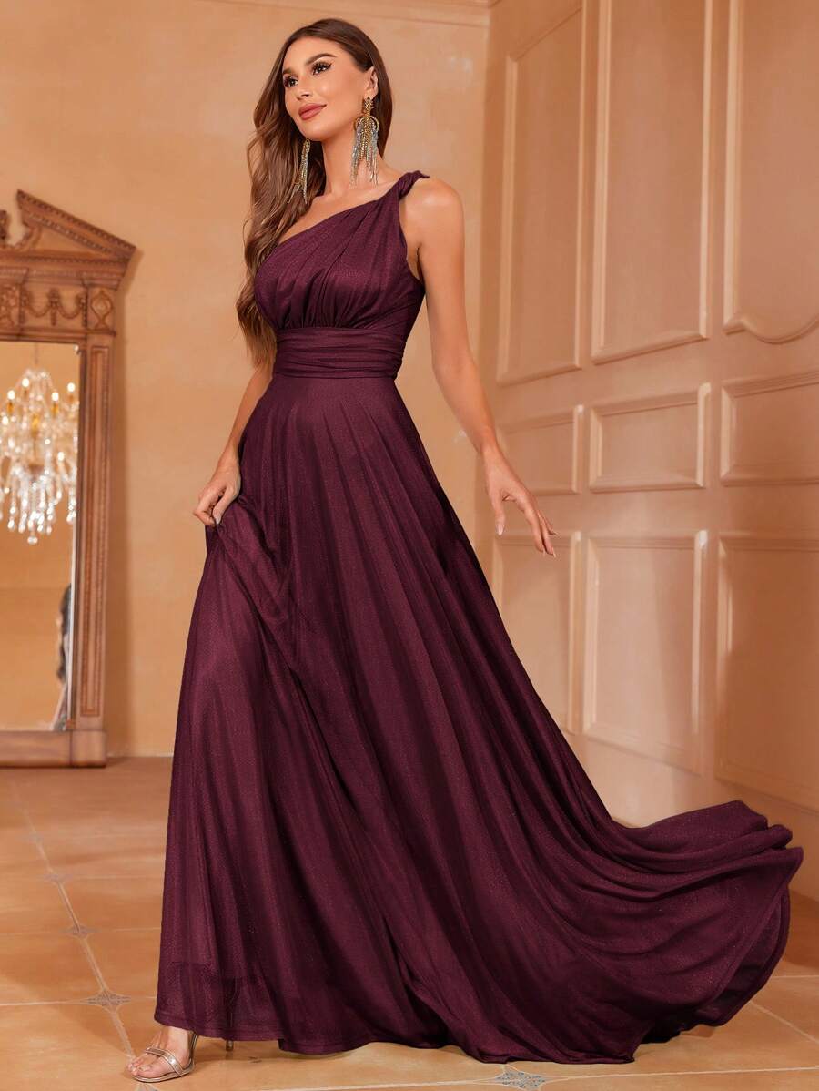 Elegant One-Shoulder Bridesmaid Dress, Flowing Wide Skirt | Luxury Formal Dress For Weddings, Events And Parties - Burgundy - View 1