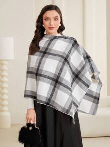 Modelyn 格紋印花蝙蝠袖不對稱下擺斗篷大衣 - 彩色 - 查看 5