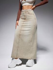 SHEIN EZwear High Waist Split Back Maxi Denim Skirt - Khaki - View 2