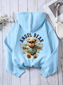 SHEIN EZwear 熊和字母圖案抽繩加絨內裏連帽衫 - 淺藍色 - 查看 1