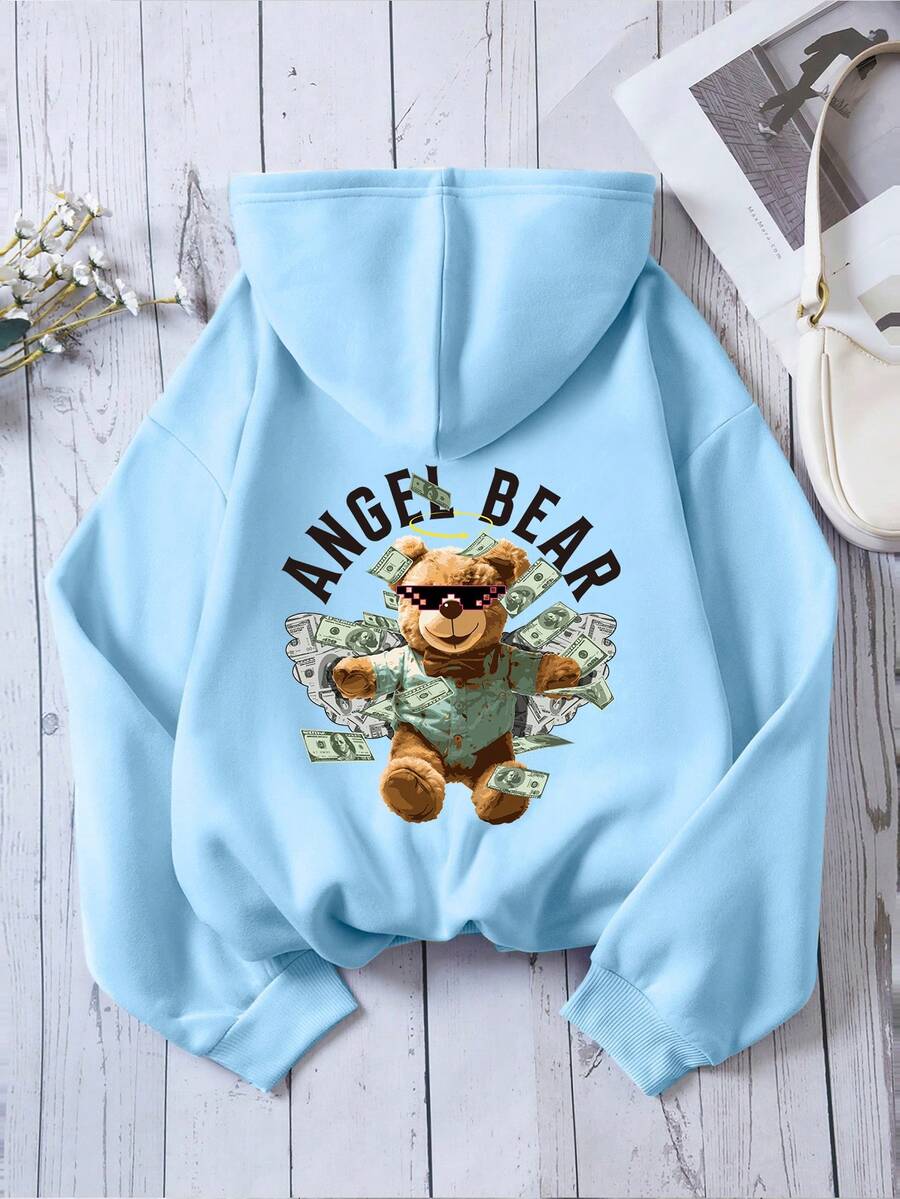 SHEIN EZwear 熊和字母圖案抽繩加絨內裏連帽衫 - 淺藍色 - 查看 1