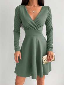 EURMUSE Solid Surplice Neck Dress - Dusty Blue - View 5