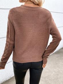 SHEIN LUNE Solid Cable Knit Sweater Knit Pullover Fall Winter Outfit - Coffee Brown - View 2