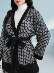 Mulvari Plus Allover Print Belted Coat & Wide Leg Pants