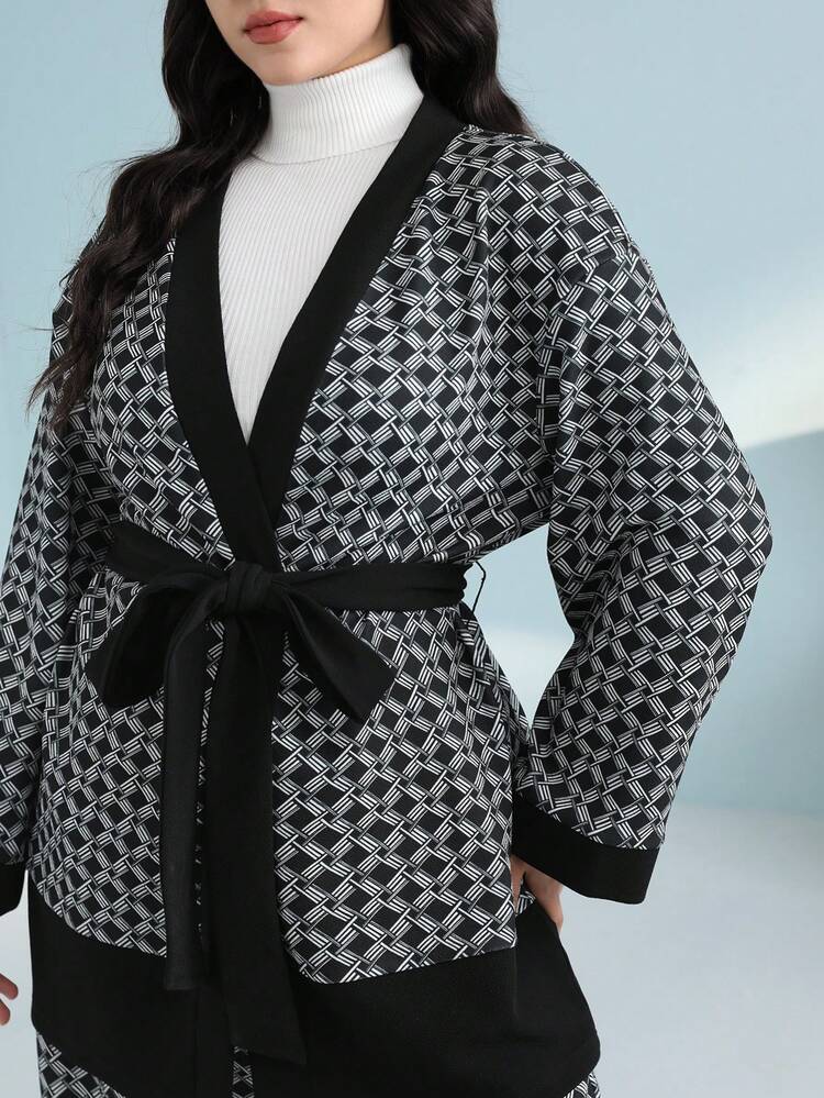 Plus Allover Print Belted Coat & Wide Leg Pants