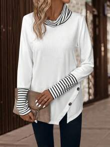 SHEIN LUNE 條紋印花堆堆領紐扣細節不對稱下擺T恤 - 白色 - 查看 4