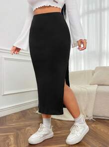 SHEIN EZwear Hơn Cao eo Tách đùi Váy - màu đen - Xem 1