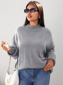 SHEIN Cottnline 女款大尺碼立領落肩毛衣 - 灰色 - 查看 2