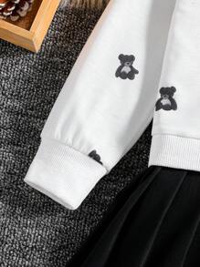 SHEIN Ragazzine Abito felpa con cappuccio con stampa orso orlo plissettato