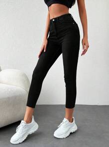 EURMUSE Pantaloni skinny din denim de culoare uni - Negru - Vizualizare 4