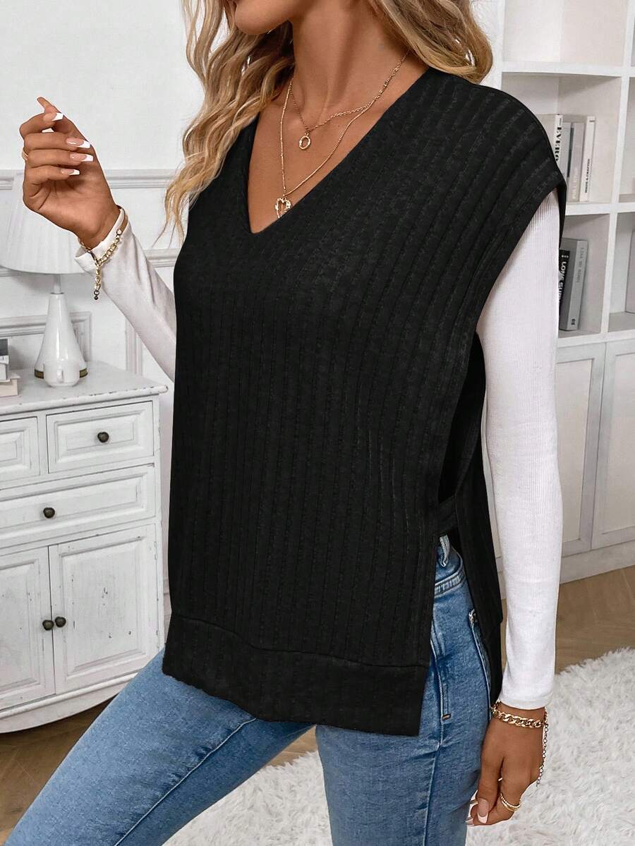 SHEIN Frenchy Áo ba lỗ có viền xẻ liền không có áo thun - màu đen - Xem 1