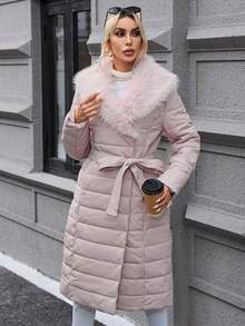 SHEIN Privé 拼布束帶襯墊大衣 - 藕粉色 - 查看 4