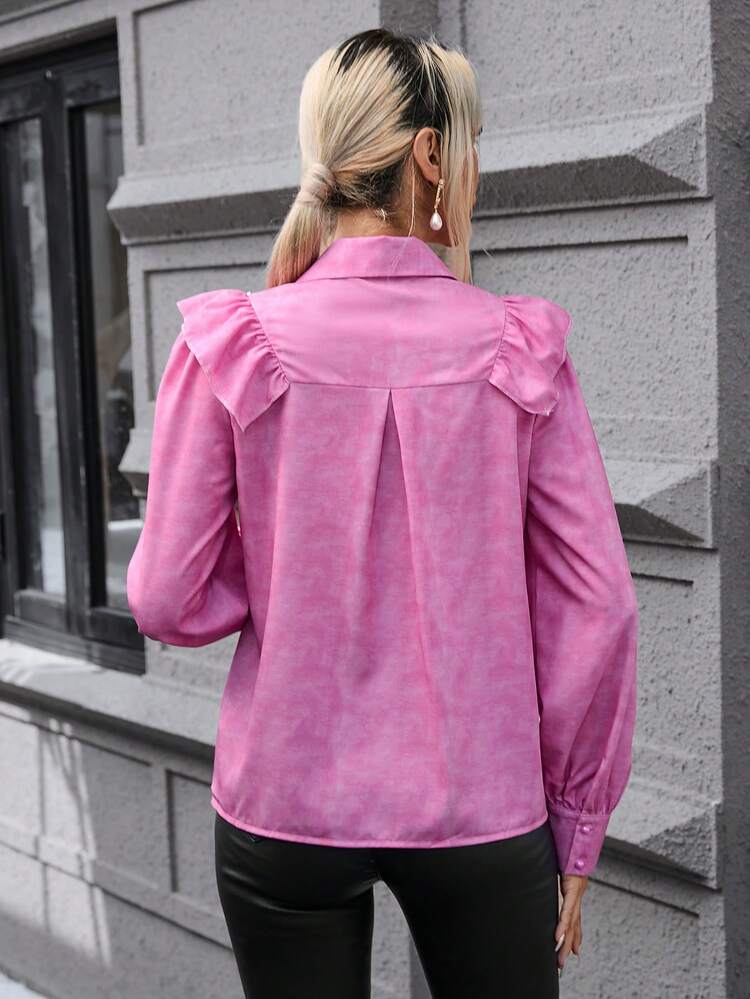 Tie Dye Ruffle Trim Lantern Sleeve Blouse