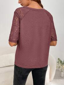 SHEIN LUNE 蕾絲拼接插肩袖T恤