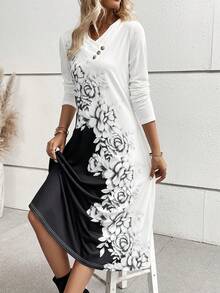 EMERY ROSE Floral Print Button Detail Dress - Black and White - View 4