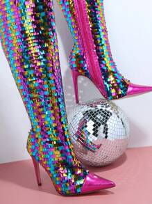 SHUZIA Rectangular Sequin Decor Pointed Toe Women Knee-High Boots