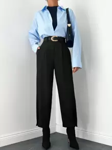 RueChic Slant Pocket Fold Ruched Suit Pants Without Belt - Black - View 5