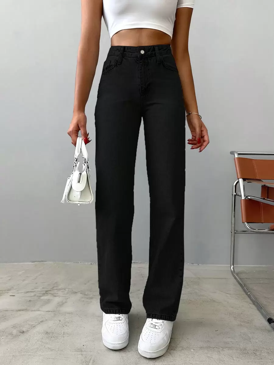 EURMUSE 100%Cotton Women's Slant Pocket Casual Straight Cut Jeans - Black - View 1