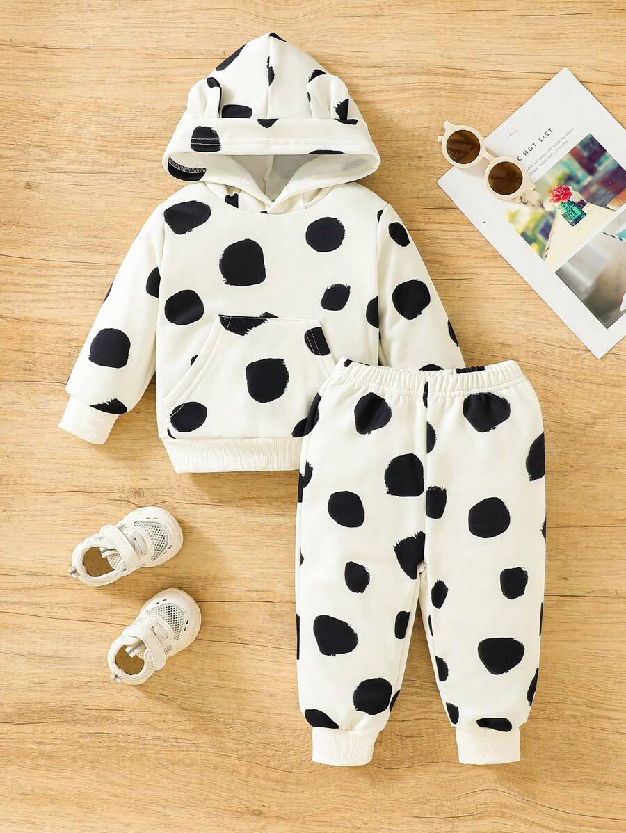 女嬰波點圖案3D耳朵設計連帽衫和運動褲 - 白色 - 查看 1