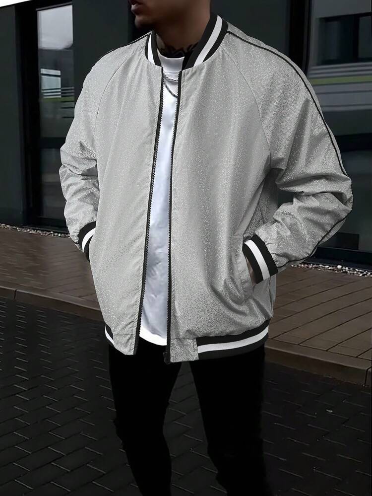 Loose Fit Men's Striped Trim Raglan Sleeve Bomber Jacket