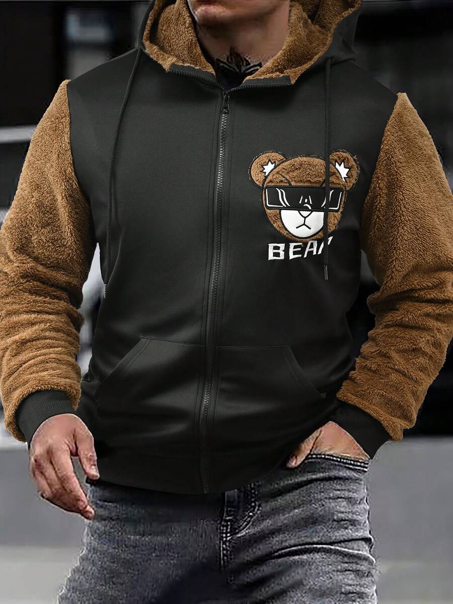 Manfinity Nam Gấu Và Mẫu chữ Dây kéo Dây rút áo có mũ Áo khoác - màu nâu - Xem 1