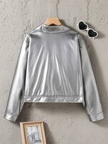 SHEIN Explorewe 女大童拉鏈開襟PU皮革機車夾克 - 銀色 - 查看 2