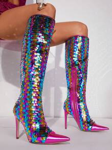 SHUZIA Rectangular Sequin Decor Pointed Toe Women Knee-High Boots