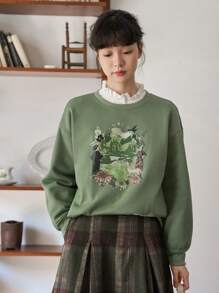 FRIFUL Áo chui đầu trễ vai họa tiết hoạt hình & hình người không có áo cánh, quần áo mùa thu - màu xanh lá - Xem 3