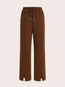 SHEIN BASICS 舒適搖粒絨腰部抽繩下擺開叉衛褲 - 咖啡棕 - 查看 7