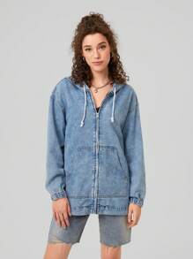 Forever 21 Women's Hooded Denim Jacket With Zipper Closure, Drawstring & Pockets - Blue - View 4