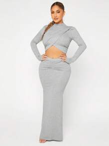SHEIN SXY Mock Neck Cross Wrap Crop Tee & Ruched Skirt - Grey - View 1