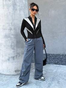 SHEIN EZwear Colorblock Zip Up Thumbholes Slim Fit Jacket - Silver - View 5