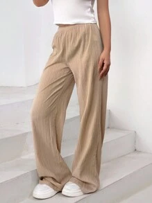 SHEIN Essnce Textured Eo đàn hồi Quần chân thẳng - Màu vàng - Xem 4