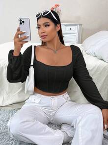 Flirla Plus Square Neck Lantern Sleeve Crop Top - Black - View 8