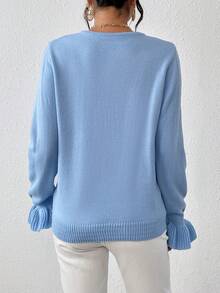 Chiquease Solid Flare Sleeve V Neck Sweater - Blue - View 2