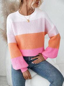 SHEIN LUNE Jersey de color combinado de hombros caídos - Multicolor - Ver 1