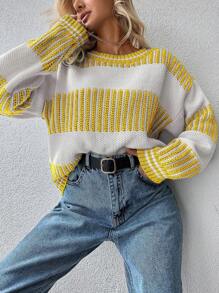 EURMUSE Striped Pattern Drop Shoulder Sweater - Yellow - View 3